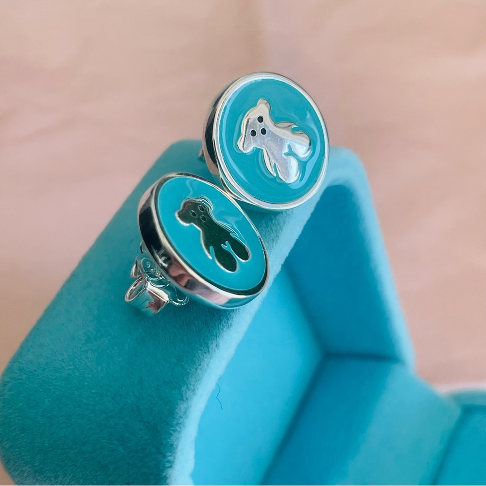 Tous Silver Turquoise Muffin Silver Bear Button Earrings - Picture 7 of 15